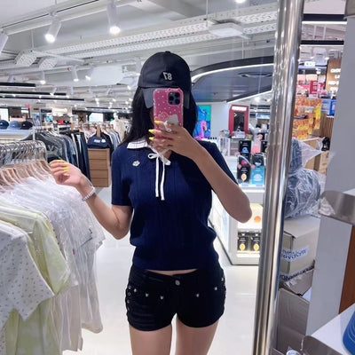 韓國 Wacky Willy Women's Ribbon Collar Short Sleeve Knit【WW174】