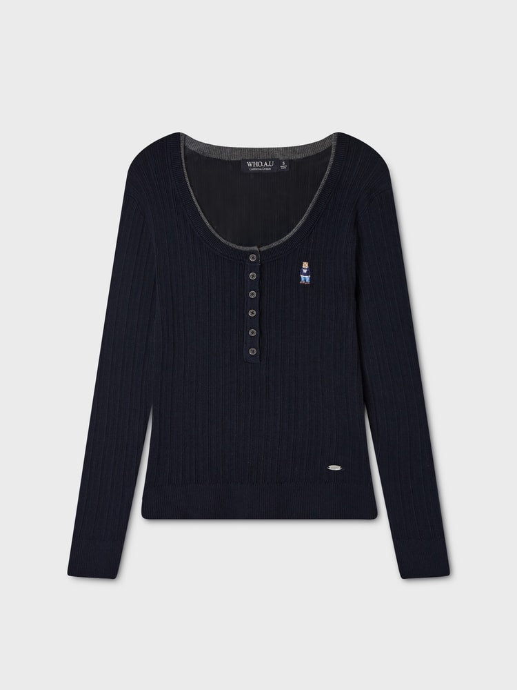 韓國 WhoAU Steve Ribbed Henley neck Pullover【WA082】