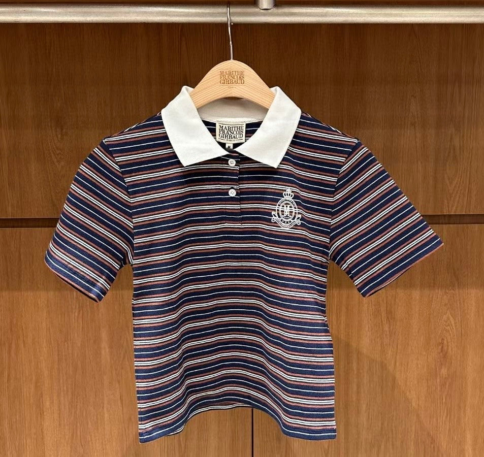 韓國 Marithe Francois Girbaud W Stripe Slim Crop Collar Tee【MD238】