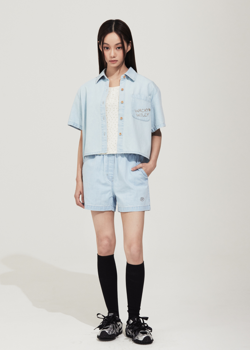 韓國 Wacky Willy Women's Low-Temperature Denim Short Sleeve Shirt【WW224】