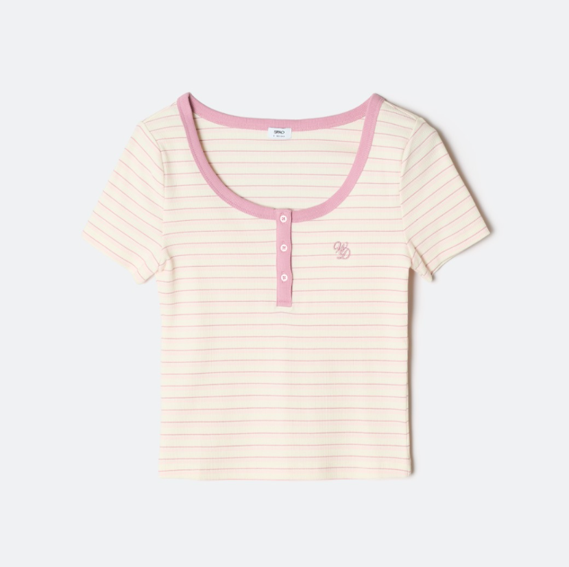 韓國 SPAO Multi-stripe Henley neck short sleeve T-shirt【SP425】