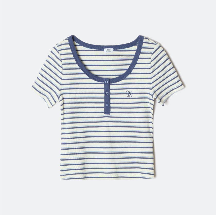 韓國 SPAO Multi-stripe Henley neck short sleeve T-shirt【SP425】