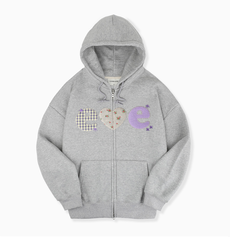 韓國 Ambler Check Flower Embroidered Zip-Up Hooded Jacket【AR173】