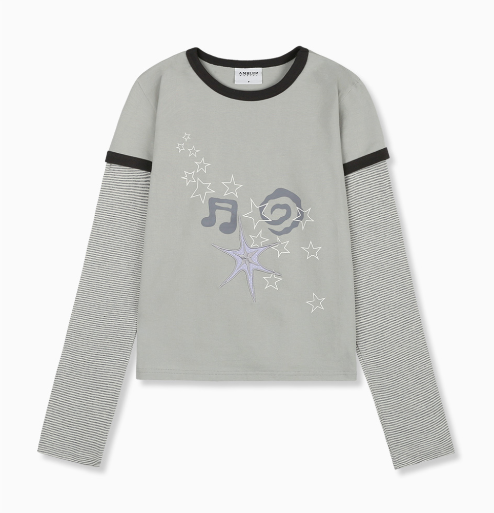 韓國 Ambler Music Star Embroidered Layered Long Sleeve【AR177】