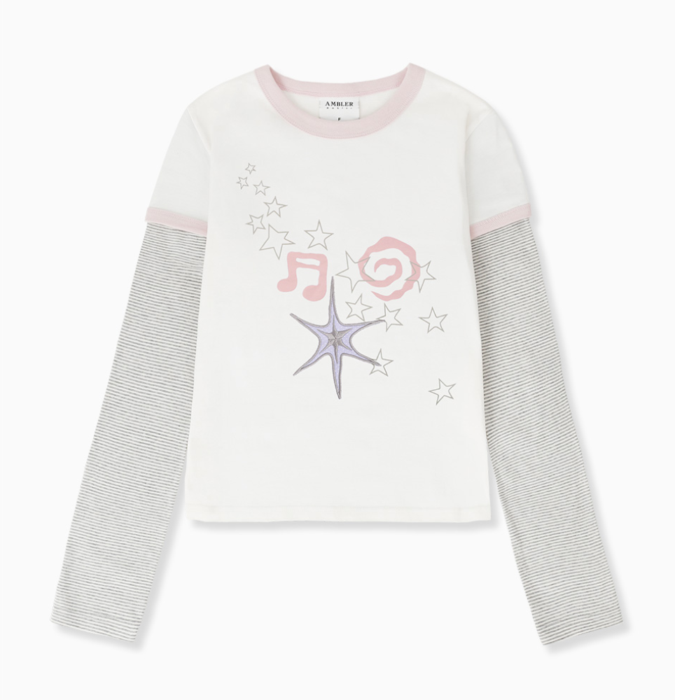 韓國 Ambler Music Star Embroidered Layered Long Sleeve【AR177】