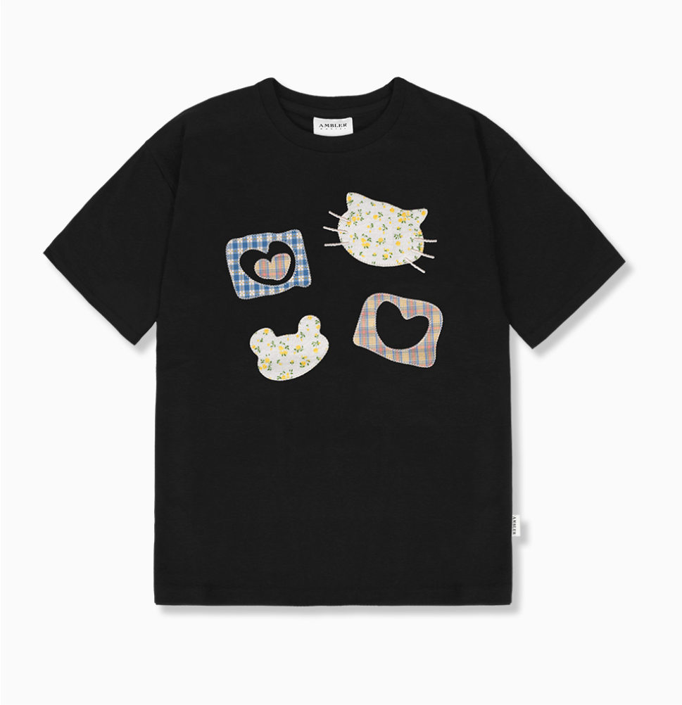 韓國 Ambler Meow Bear Applique Embroidery Short Sleeve T-shirt【AR187】