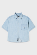 韓國 WhoAU Steve Denim Crop Short Sleeve Shirts【WA361】