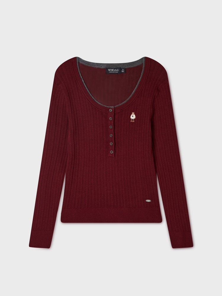 韓國 WhoAU Steve Ribbed Henley neck Pullover【WA082】