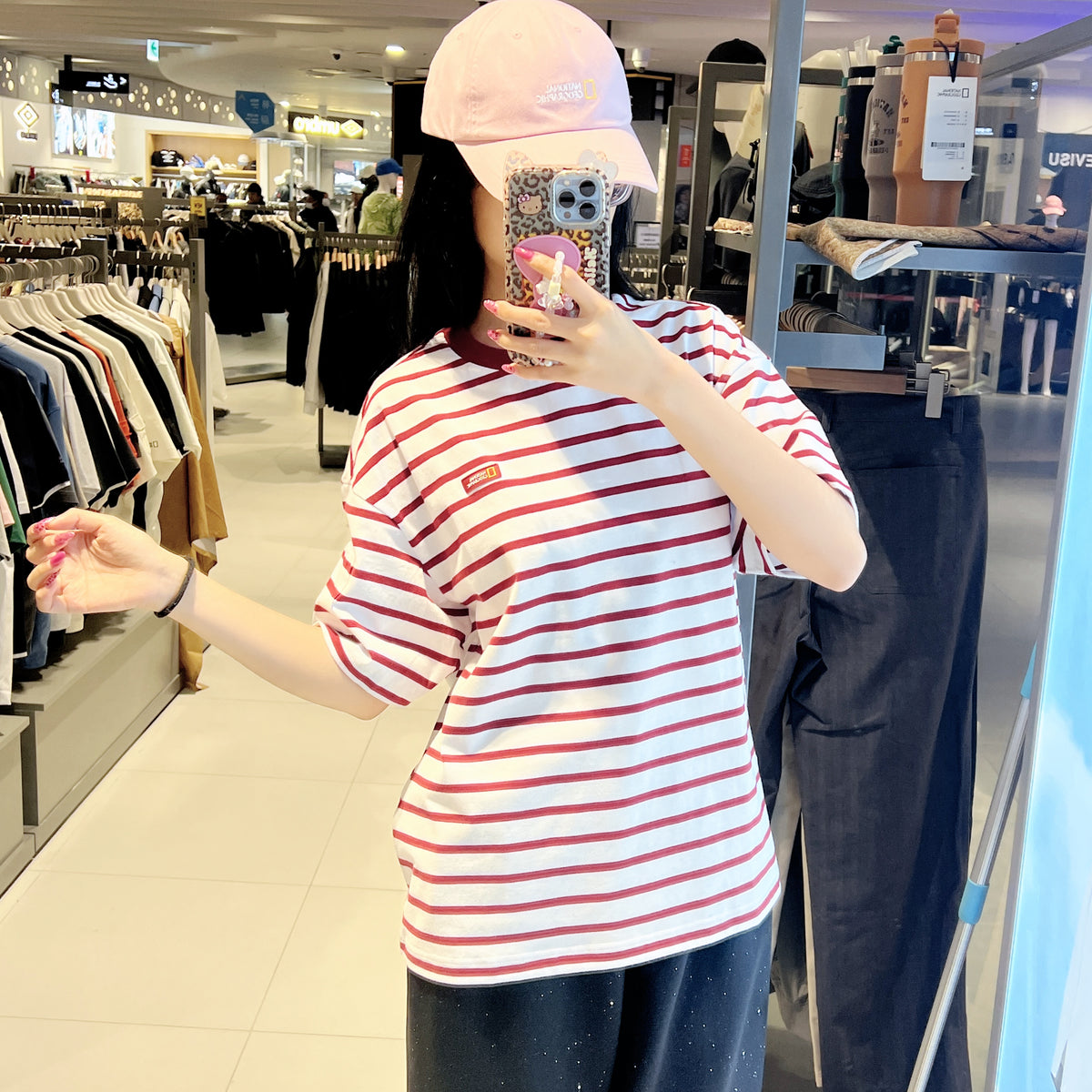 韓國 National Geographic Striped Semi-Overfit Pocket Short Sleeve T-shirt【NG954】