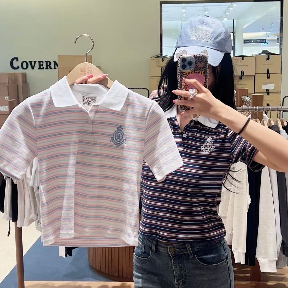 韓國 Marithe Francois Girbaud W Stripe Slim Crop Collar Tee【MD238】
