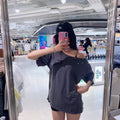 韓國 Wacky Willy Women's Graphic Button Off-Shoulder Short Sleeve T-Shirt【WW282】