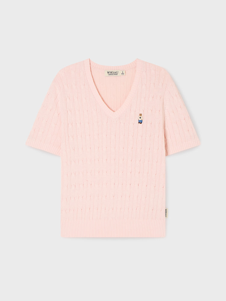 韓國 WhoAU Steve V-neck Cable Short Sleeve Sweater【WA329】