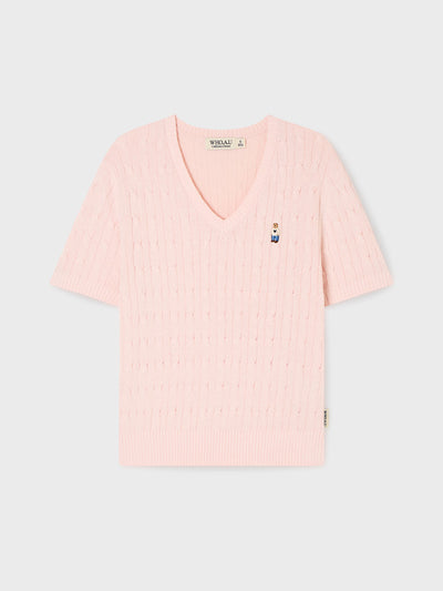 韓國 WhoAU Steve V-neck Cable Short Sleeve Sweater【WA329】