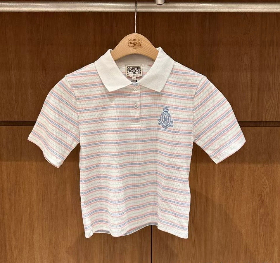 韓國 Marithe Francois Girbaud W Stripe Slim Crop Collar Tee【MD238】