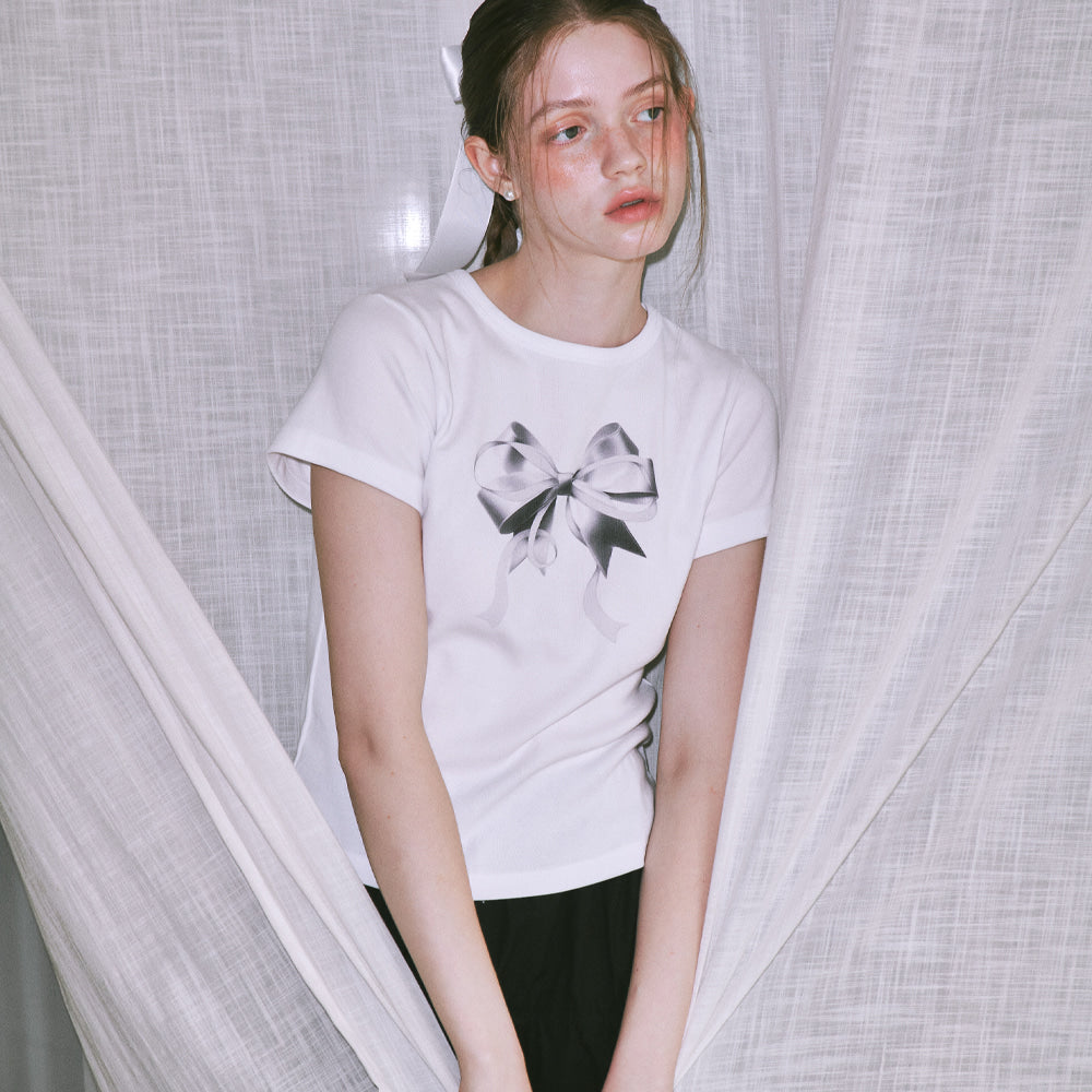 韓國 Ronron Double Ribbon Slim Crop T Shirt【RR001】