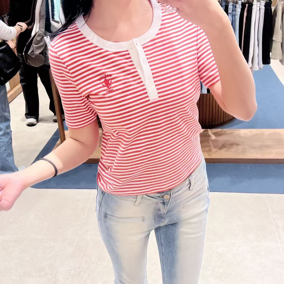 韓國 Marithe Francois Girbaud W Stripe Henley Neck Tee【MD302】