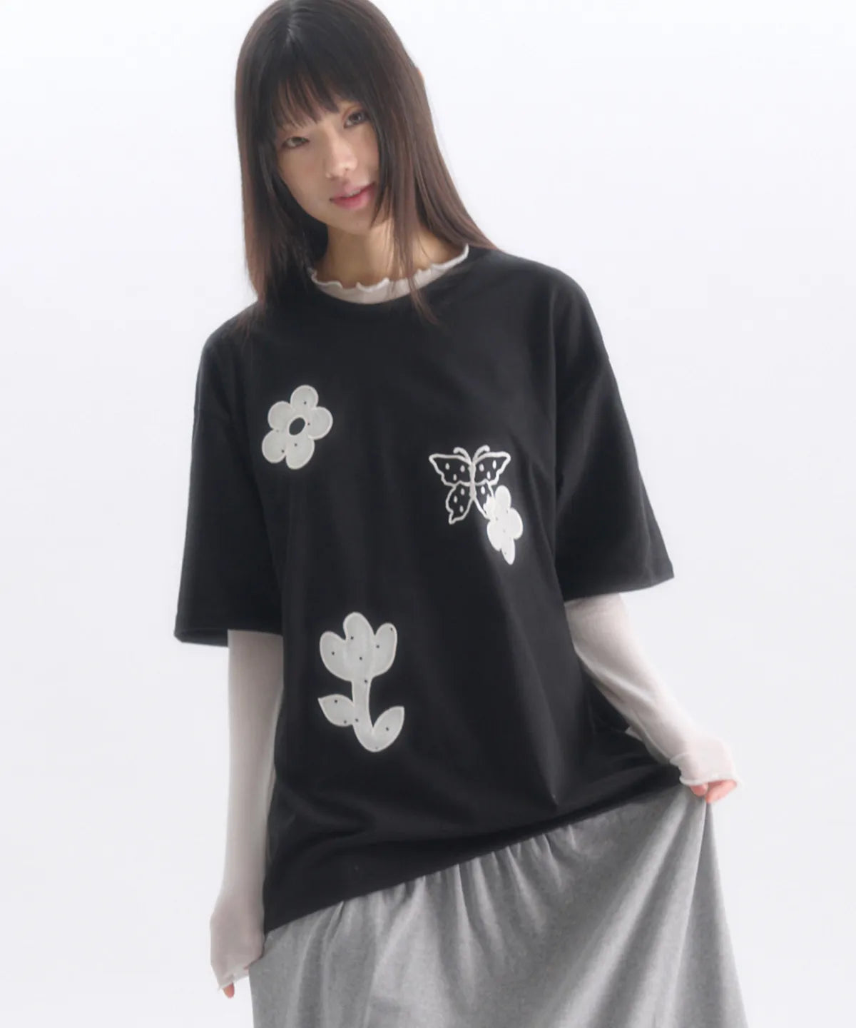 韓國 Ambler See-Through Flower Embroidered Short Sleeve T-shirt【AR183】