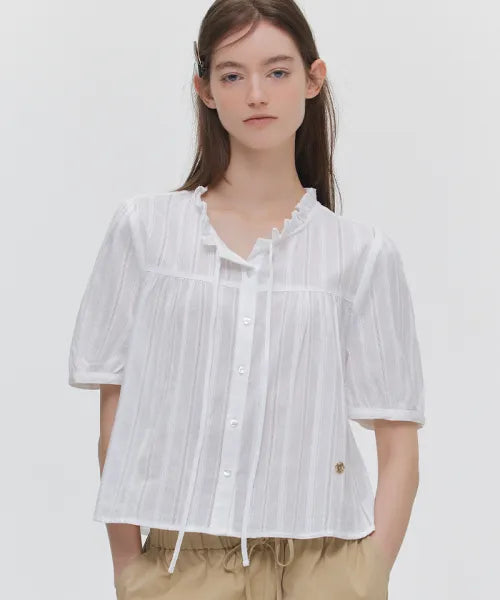 韓國 Marie Claire Lace Neck Shirring Ribbon Blouse【SC661】