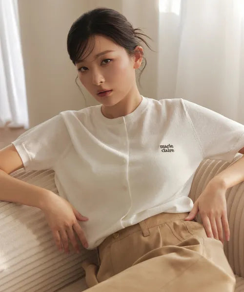 韓國 Marie Claire Basic Logo Round Short-Sleeve Cardigan【SC659】
