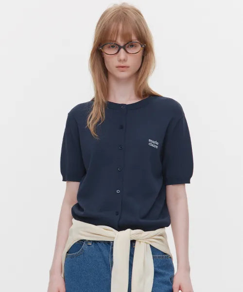 韓國 Marie Claire Basic Logo Round Short-Sleeve Cardigan【SC659】