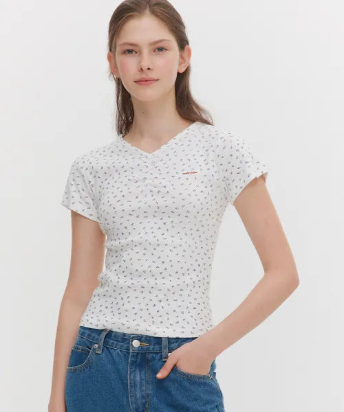 韓國 Marie Claire V Neck Flower T-Shirt【SC656】