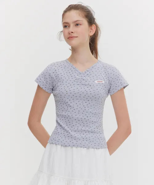 韓國 Marie Claire V Neck Flower T-Shirt【SC656】