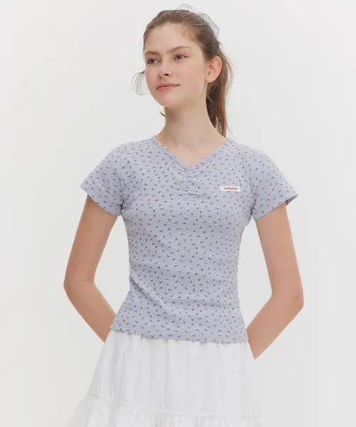 韓國 Marie Claire V Neck Flower T-Shirt【SC656】