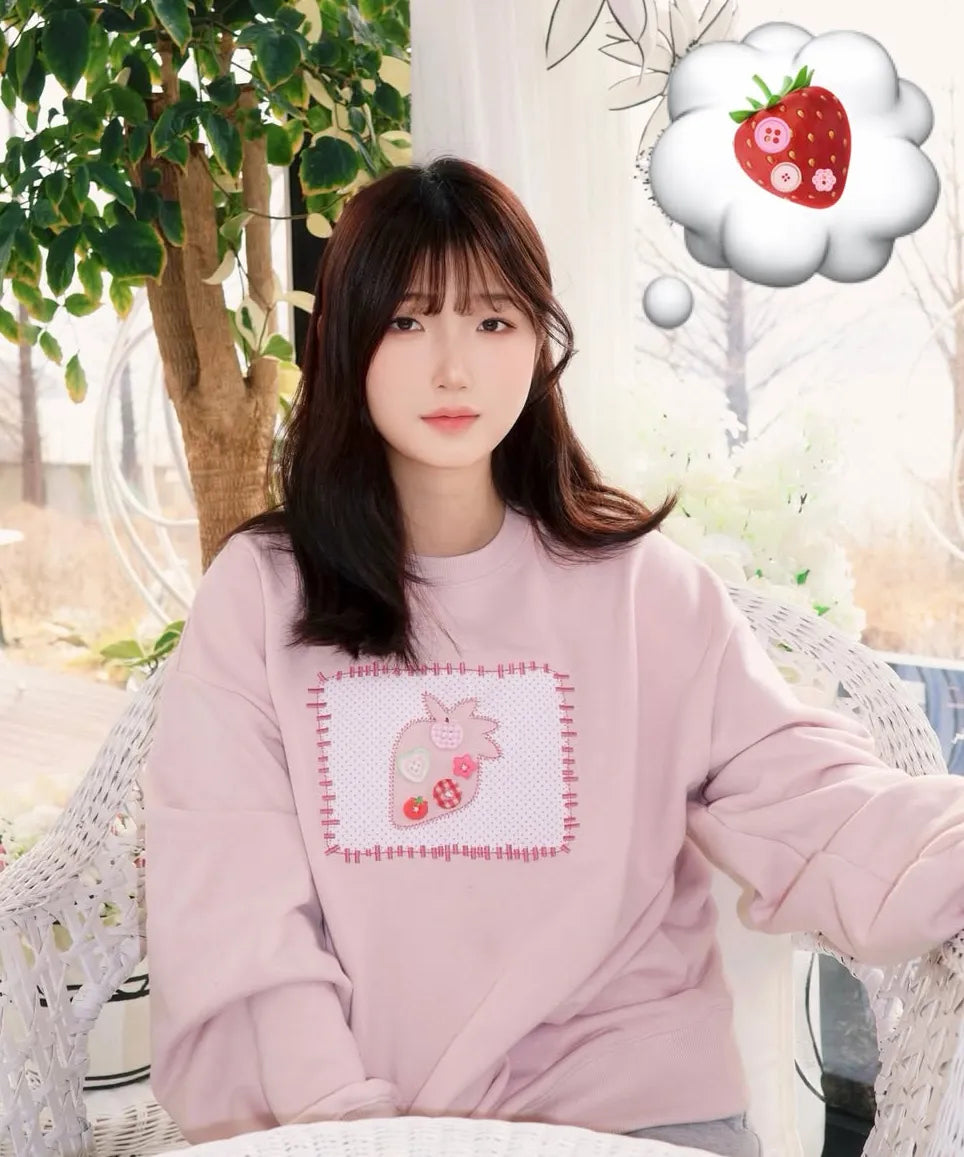 韓國 Ambler Strawberry Button Applique Embroidery Sweatshirt【AR169】