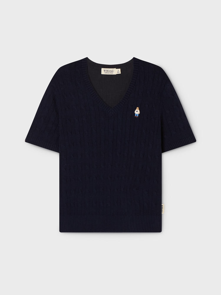 韓國 WhoAU Steve V-neck Cable Short Sleeve Sweater【WA329】