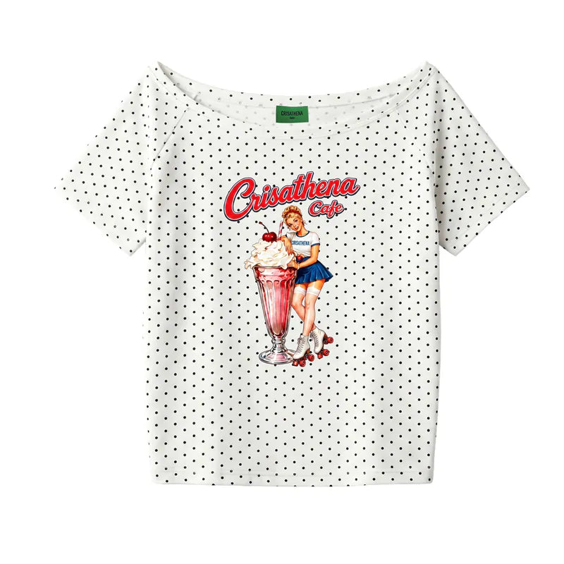 Crisathena 1950s Café Off Shoulder T-Shirt【SM1834】