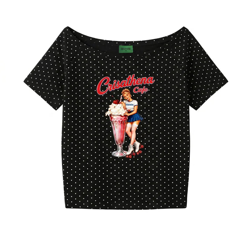 Crisathena 1950s Café Off Shoulder T-Shirt【SM1834】