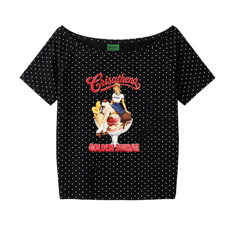 Crisathena 1950s Golden Sundae Off Shoulder T-Shirt【SM1835】