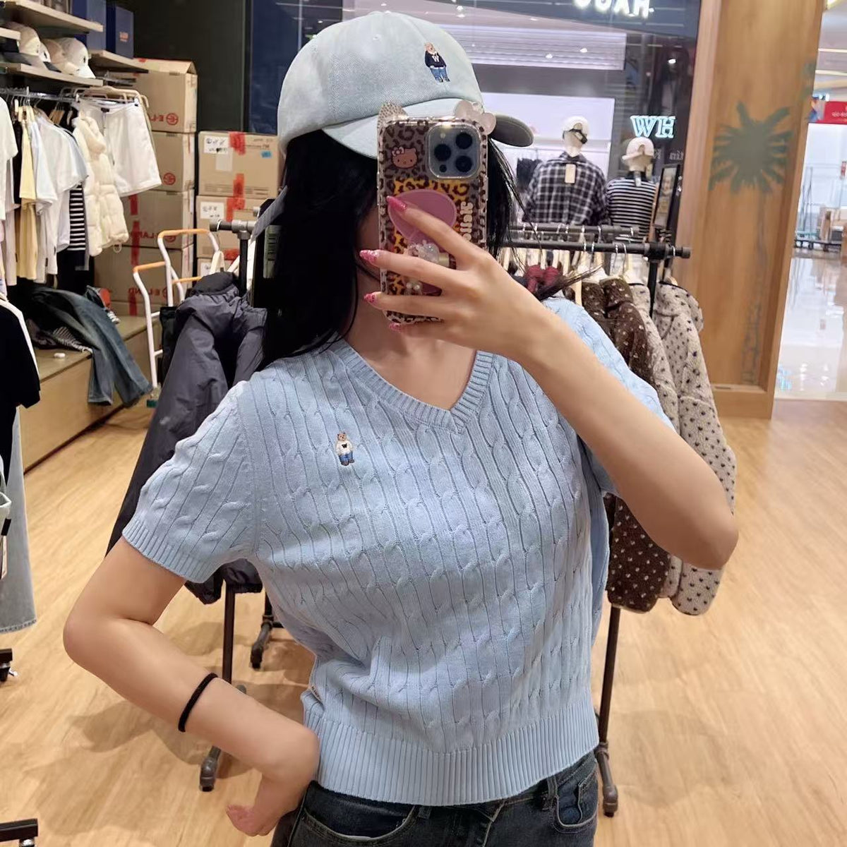 韓國 WhoAU Steve V-neck Cable Short Sleeve Sweater【WA329】