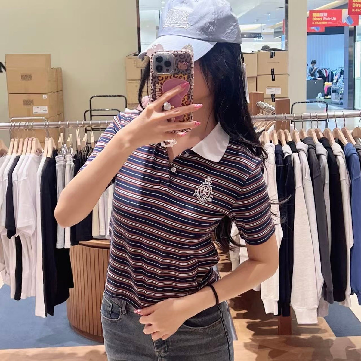 韓國 Marithe Francois Girbaud W Stripe Slim Crop Collar Tee【MD238】