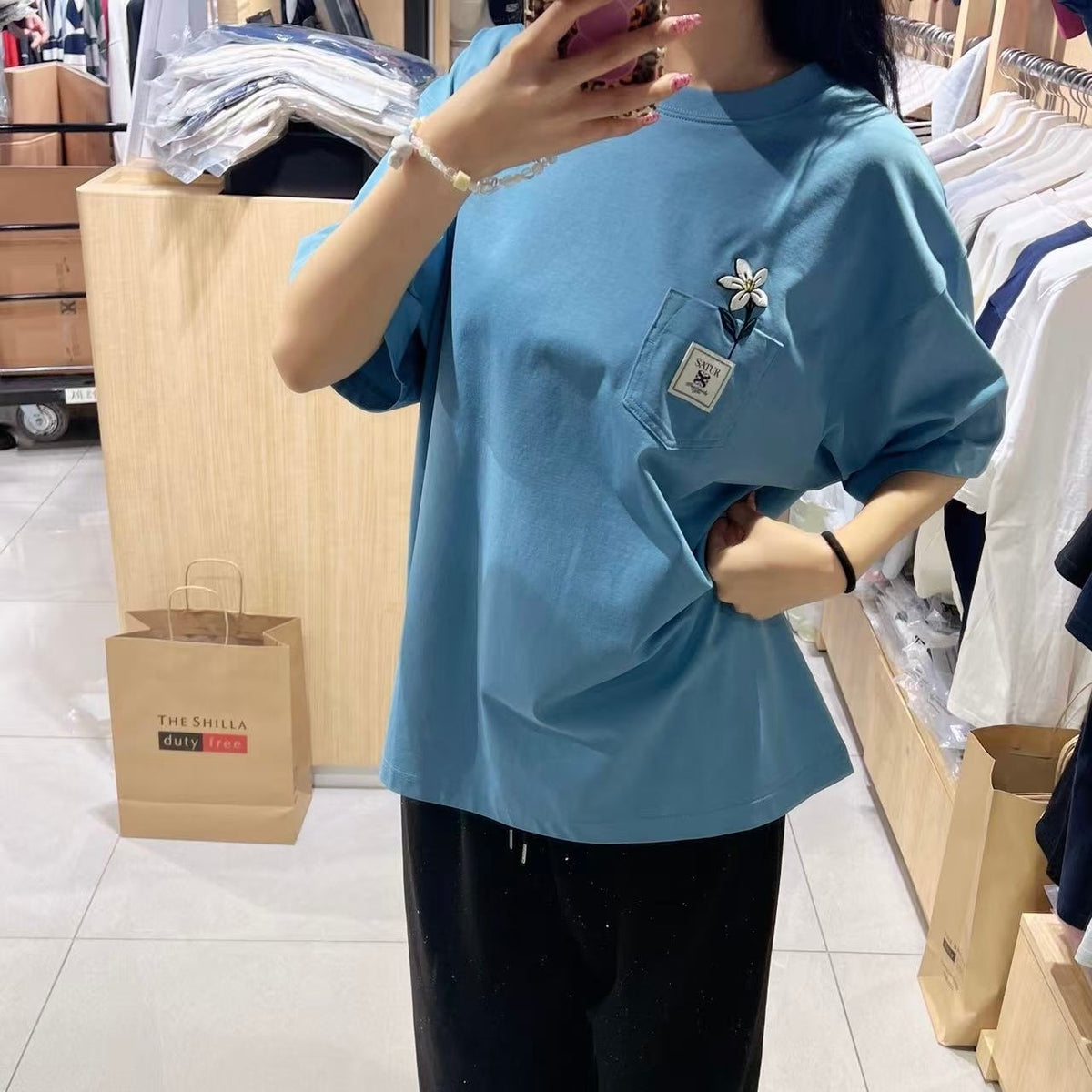 韓國 Satur Flower Pocket T-Shirt (男女同款)【SR314】