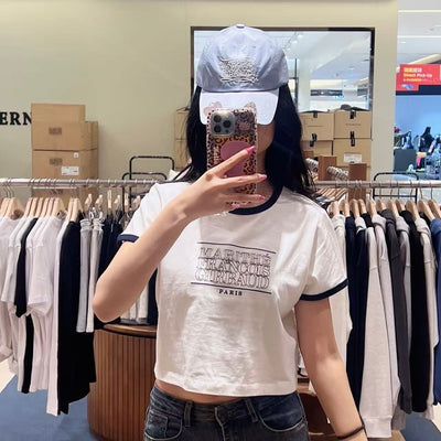 韓國 Marithe Francois Girbaud W Classic Logo Applique Ringer Crop Tee【MD250】