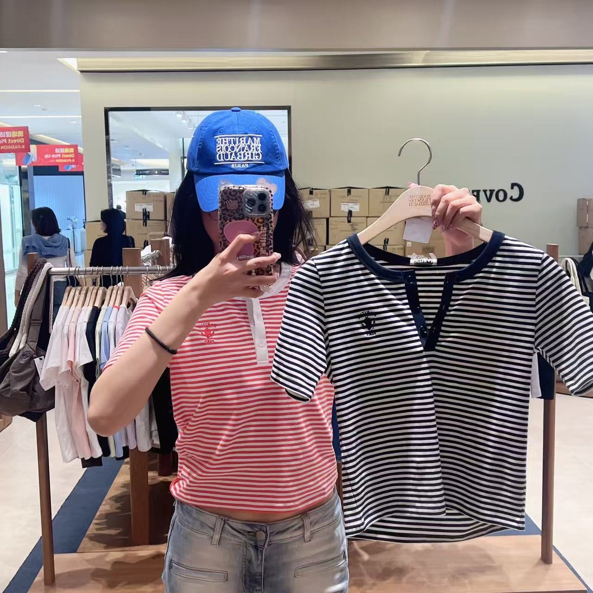 韓國 Marithe Francois Girbaud W Stripe Henley Neck Tee【MD302】