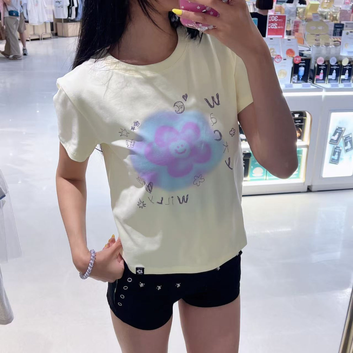 韓國 Wacky Willy Women's Blur Lily Semi-Crop Short Sleeve T-Shirt【WW242】