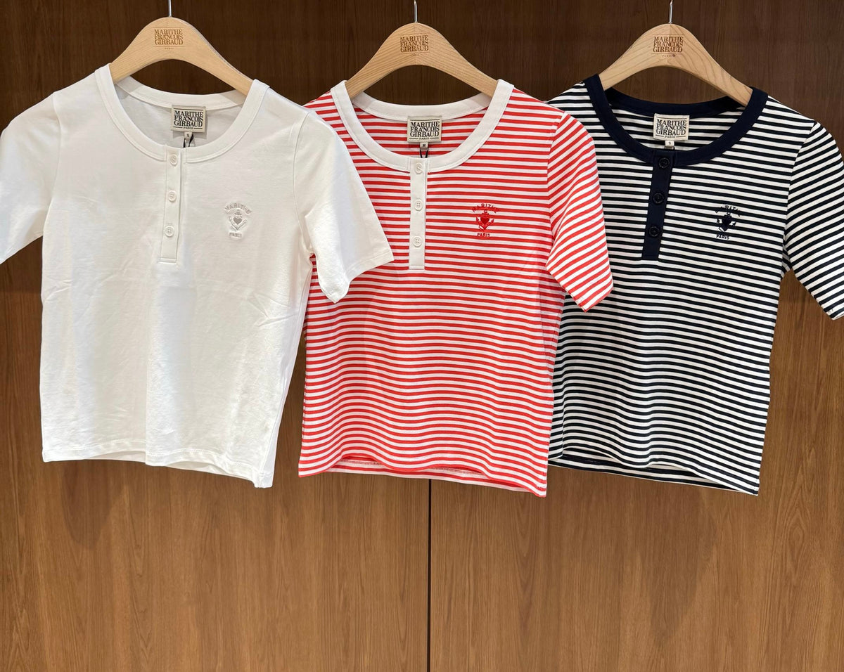 韓國 Marithe Francois Girbaud W Stripe Henley Neck Tee【MD302】