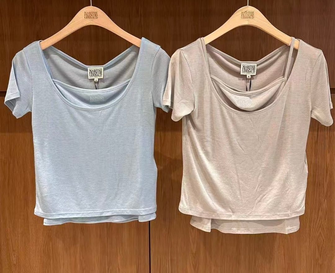 韓國 Marithe Francois Girbaud W Small Classic Logo Sleeveless Layered Slim Crop Tee【MD281】