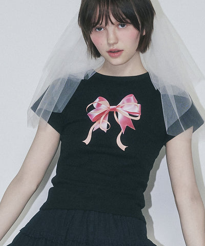 韓國 Ronron Double Ribbon Slim Crop T Shirt【RR001】