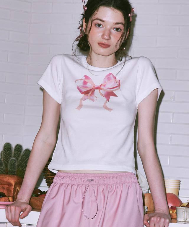 韓國 Ronron Double Ribbon Slim Crop T Shirt【RR001】