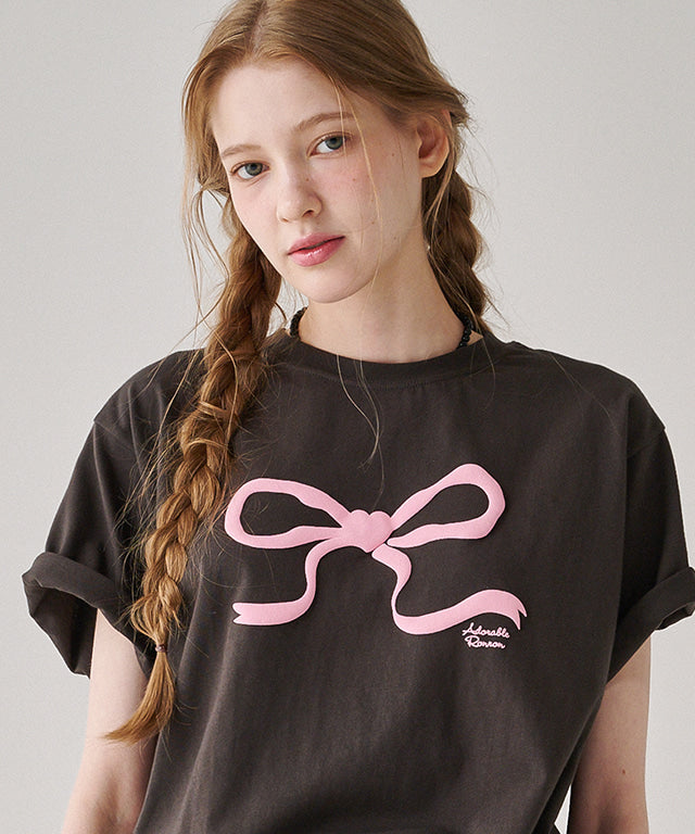 韓國 Ronron Embo Heart Ribbon Basic Fit T Shirt【RR024】