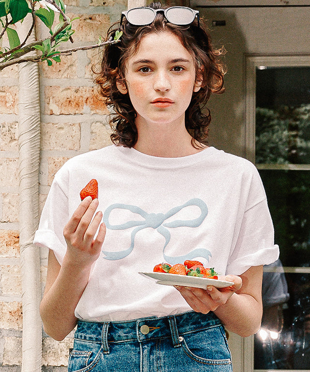 韓國 Ronron Embo Heart Ribbon Basic Fit T Shirt【RR024】