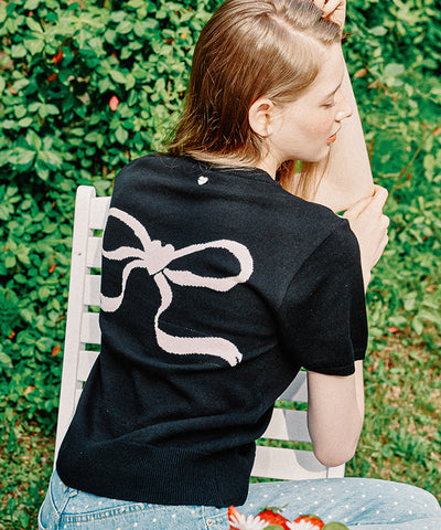韓國 Ronron Heart Ribbon Jacquard Short Sleeve Knit【RR011】