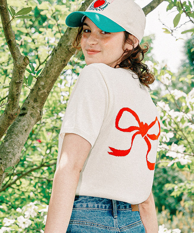 韓國 Ronron Heart Ribbon Jacquard Short Sleeve Knit【RR011】