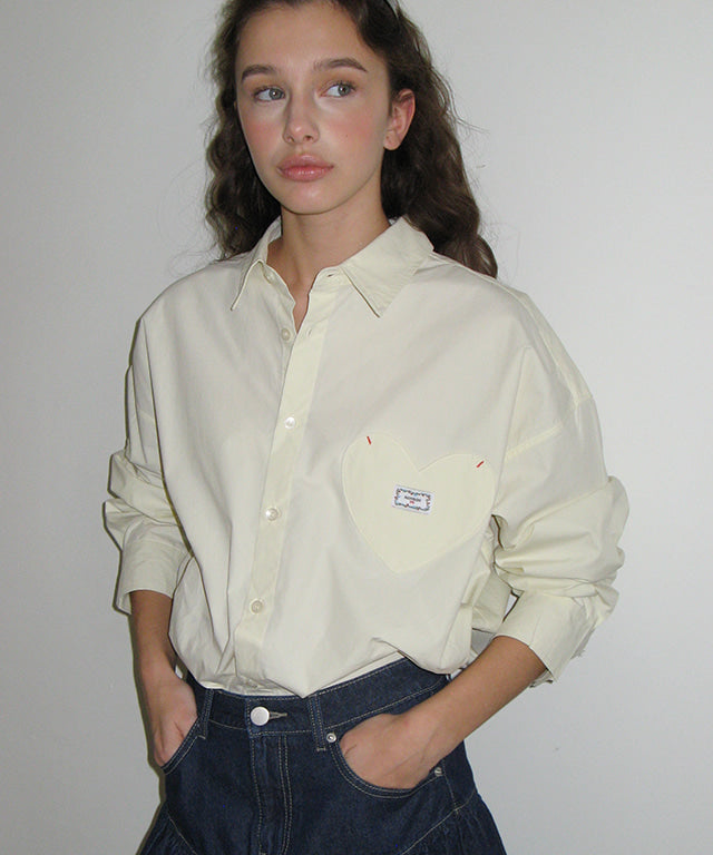 韓國 Ronron Stitch Heart Pocket Over Fit Shirt【RR049】