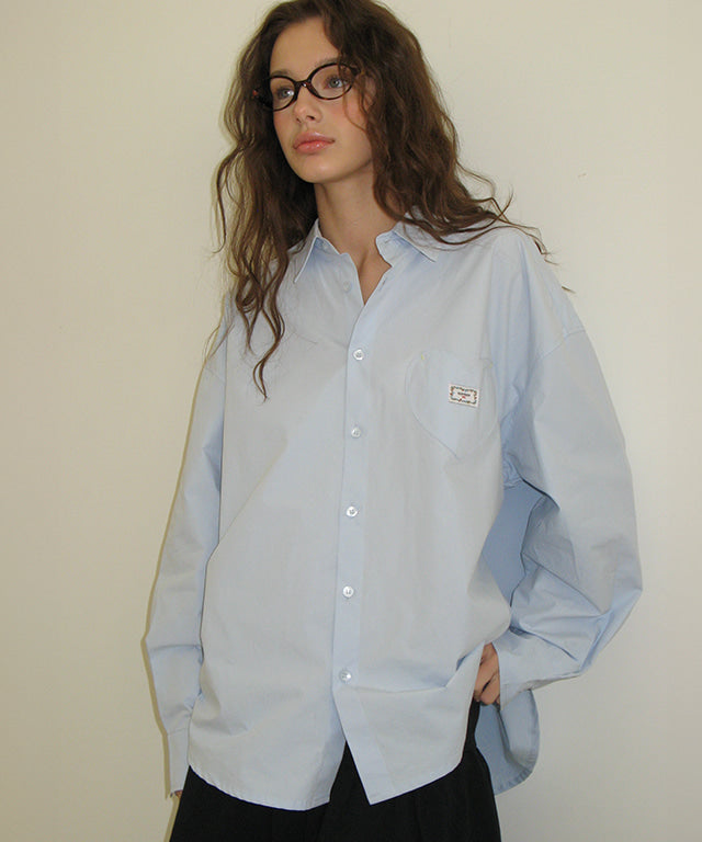 韓國 Ronron Stitch Heart Pocket Over Fit Shirt【RR049】