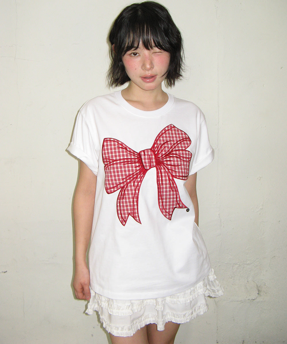韓國 Ronron Big Ribbon Applique Basic Fit T Shirt【RR013】