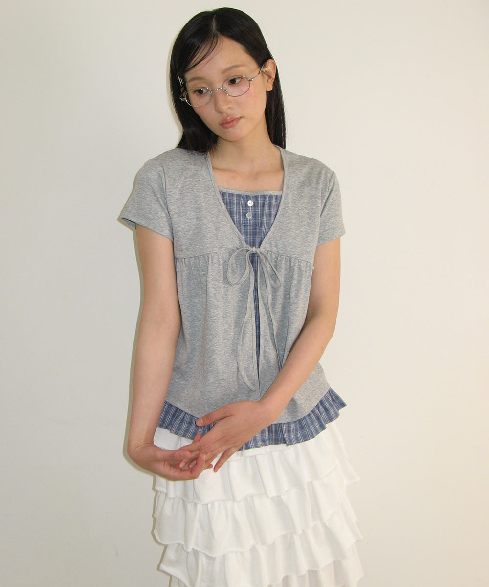 韓國 Ronron Cardigan Layered Soft Check T Shirt【RR009】